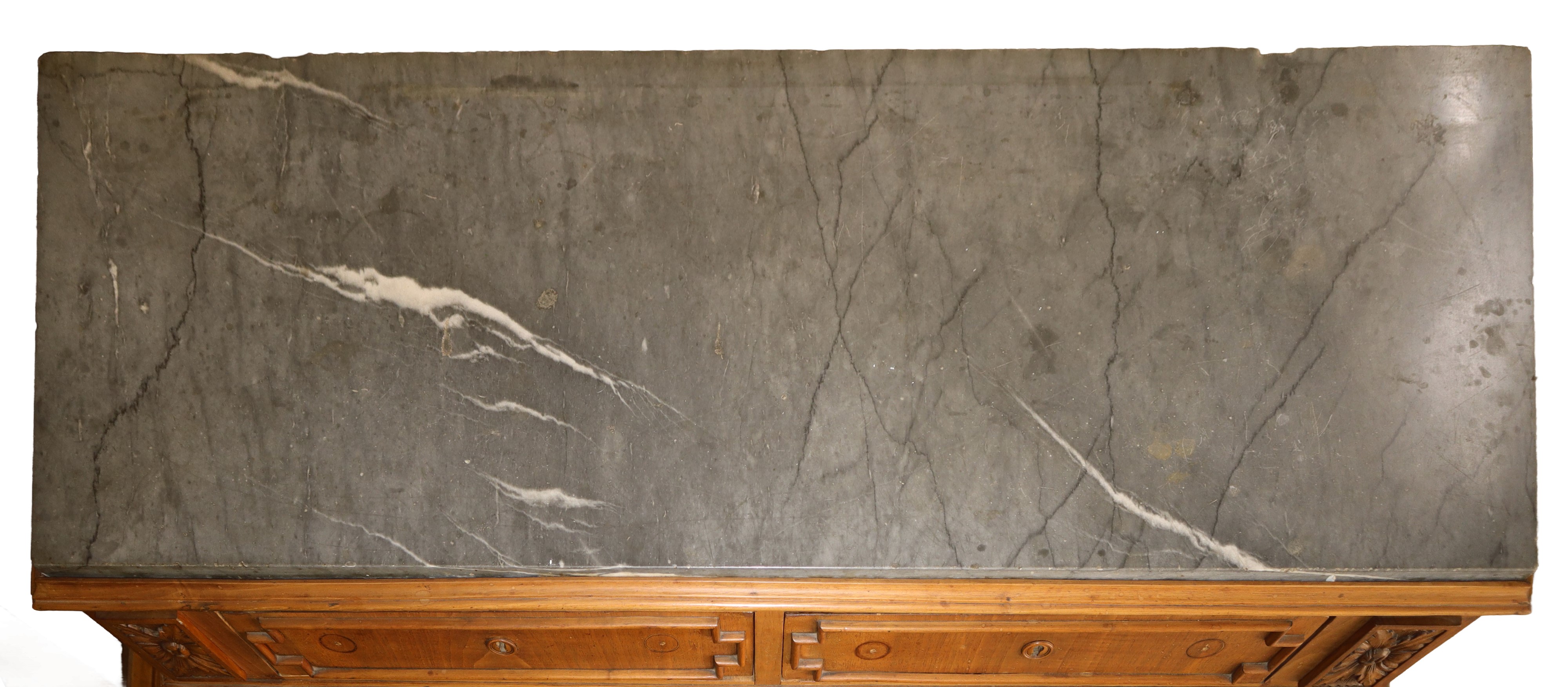 Consolle in Legno di Noce Marmo Grigio Bardiglio al Piano Due Cassetti Sottopiano e Piedi a Colon...