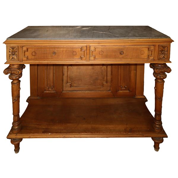 Console in walnut wood, grey Bardiglio marble on the top, two drawers under the top and tapered column feet