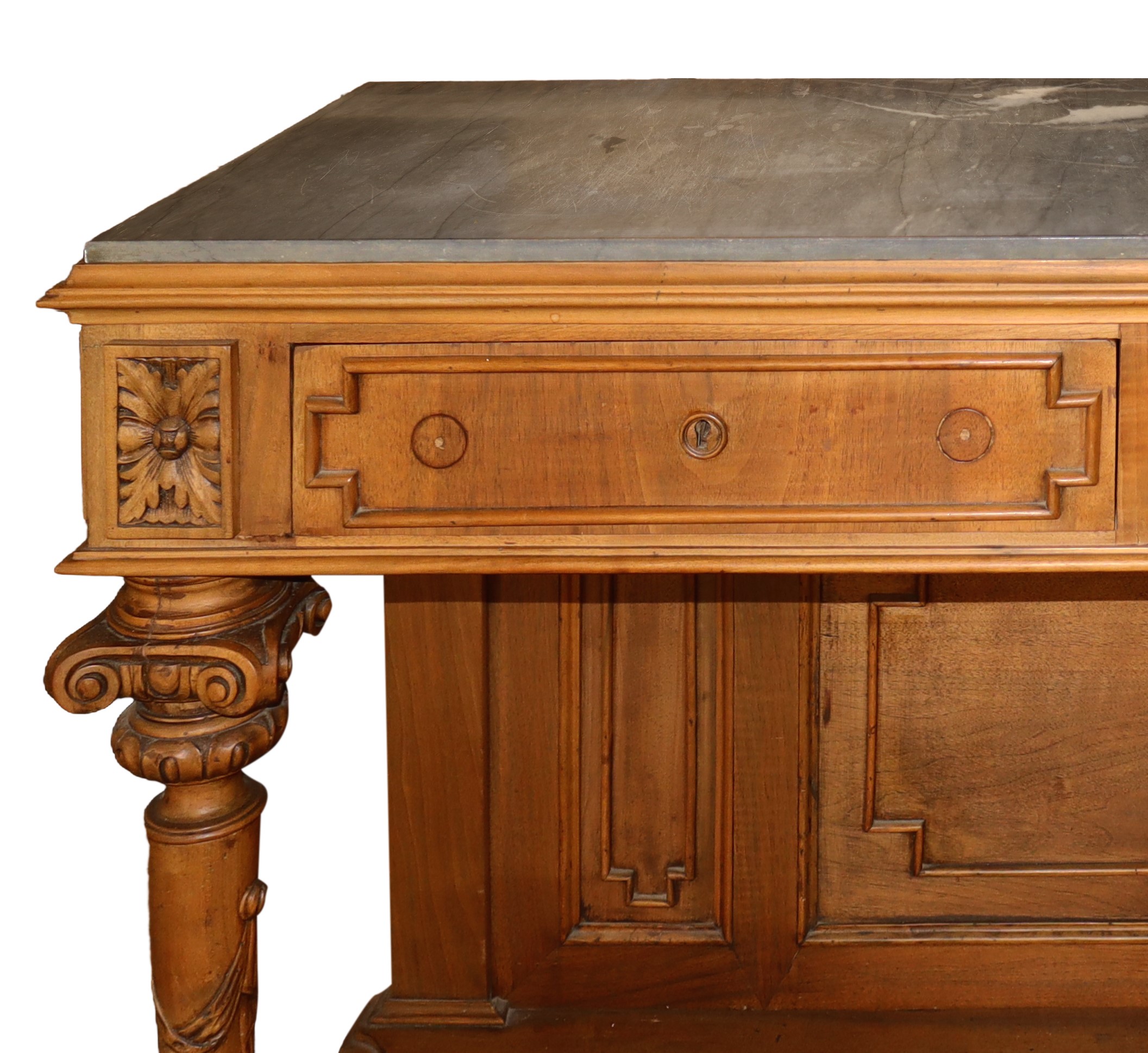 Consolle in Legno di Noce Marmo Grigio Bardiglio al Piano Due Cassetti Sottopiano e Piedi a Colon...