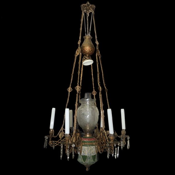 Electrified suspension lamp with gold metal structure, glass beads and polychrome majolica centerpiece with 6 lights