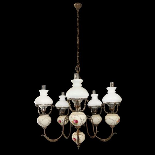 5-light painted porcelain chandelier with gold metal frame and white opaline diffusers                          