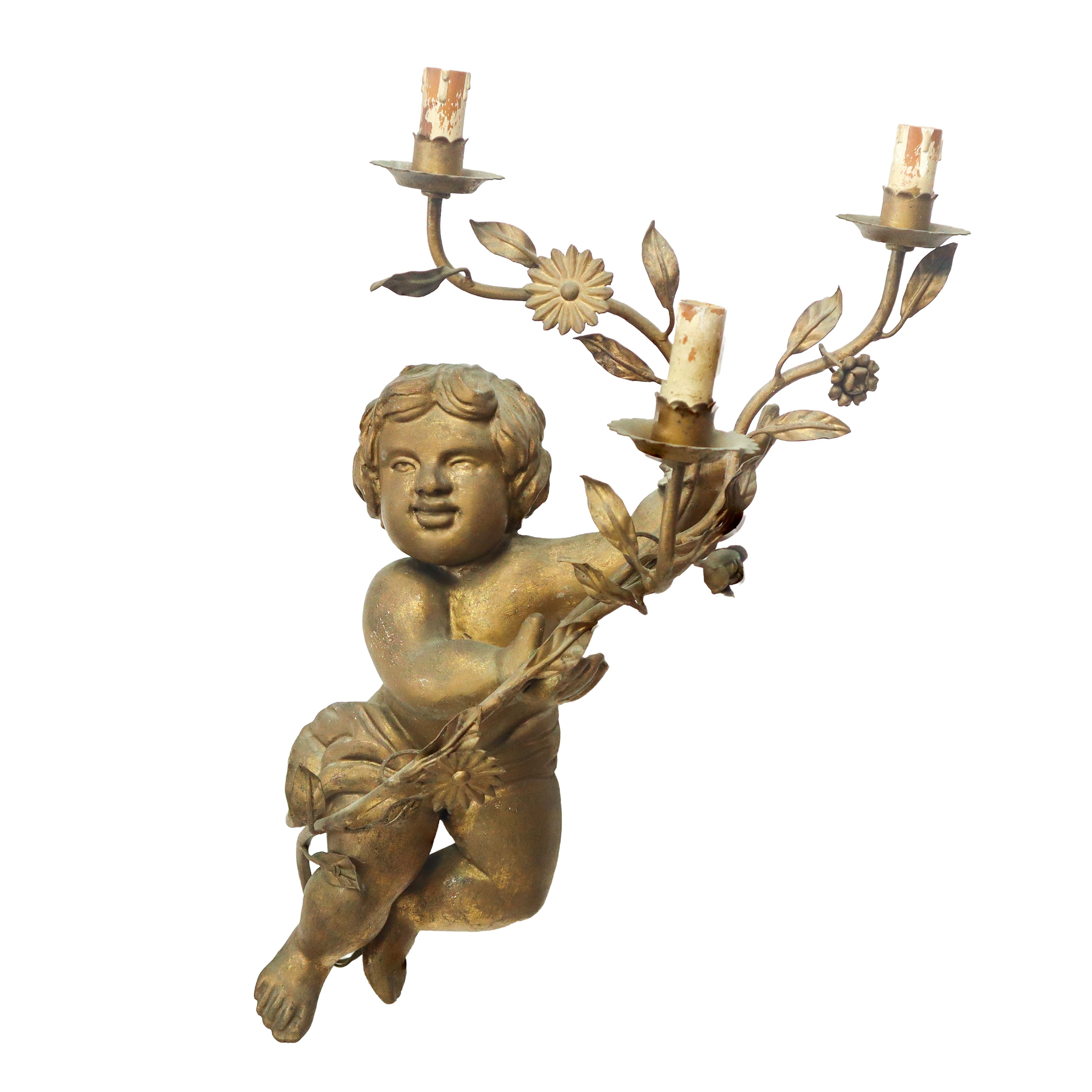 Coppia di putti reggicandela a tre luci in legno dorati