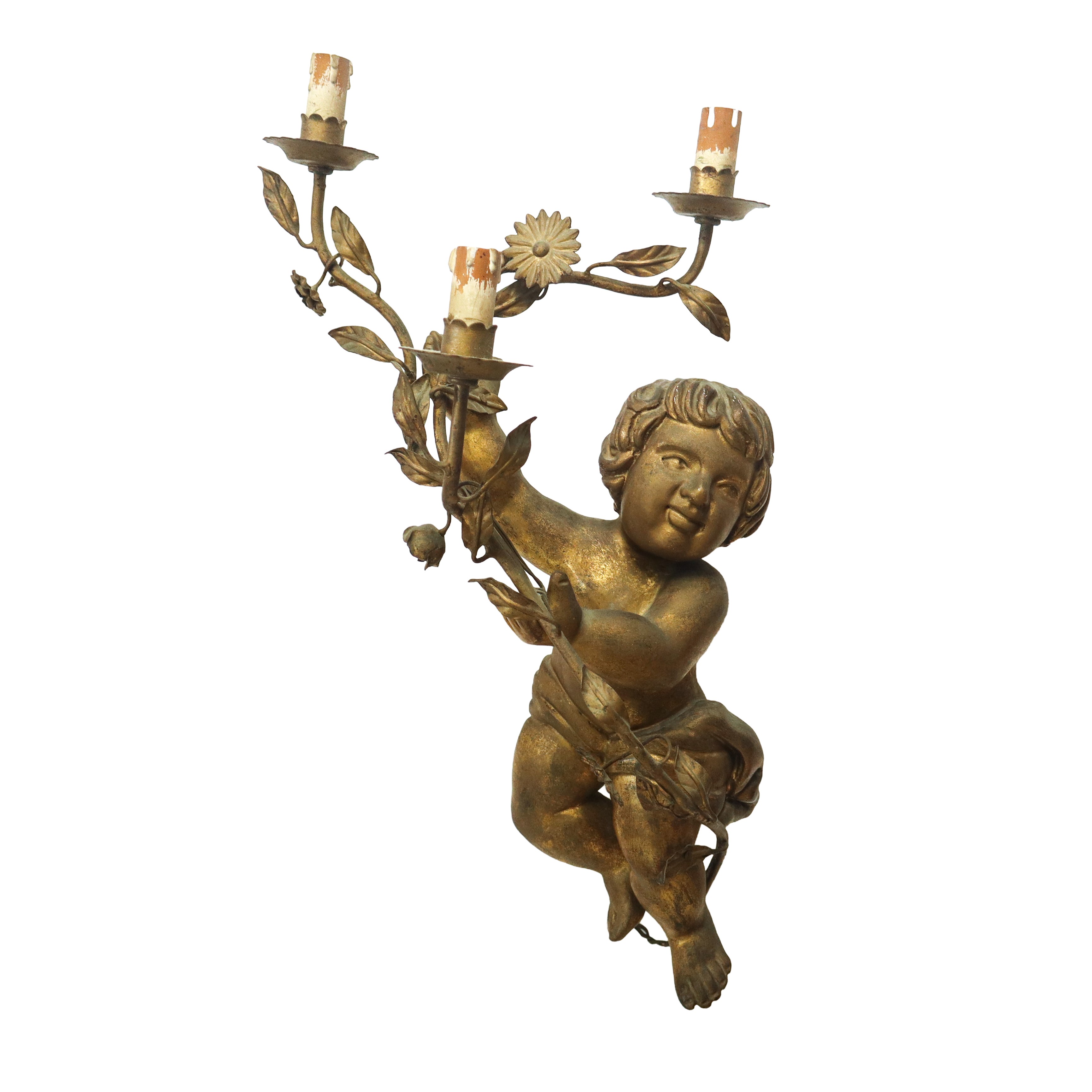 Coppia di putti reggicandela a tre luci in legno dorati
