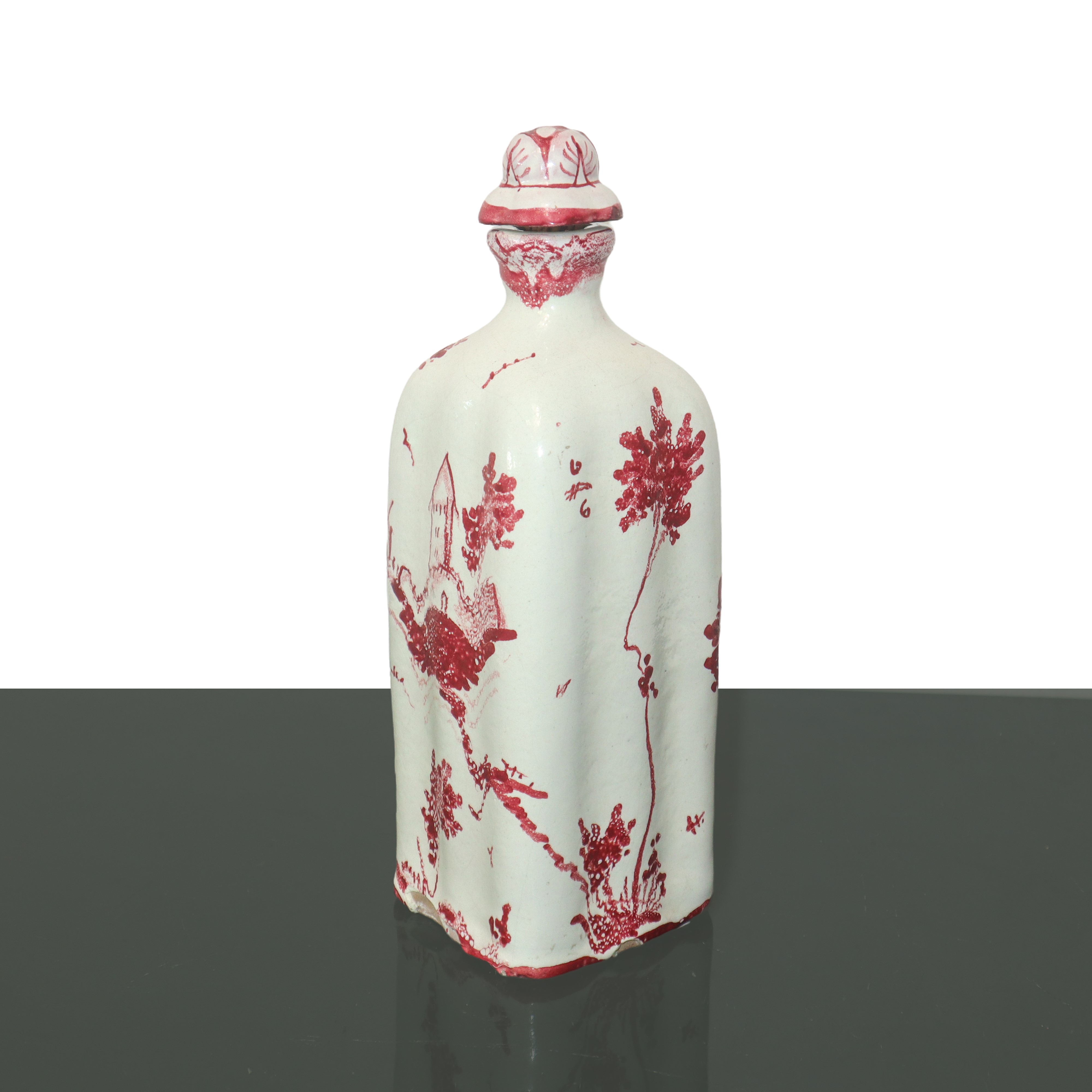 Castelli Arte Ceramica - Coppia di Bottiglie in Maiolica Bianca con Castello e Motivi Floreali Ro...