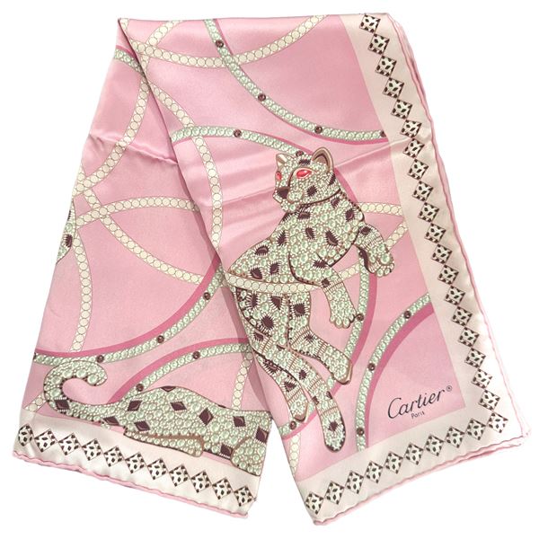 Cartier - Foulard in seta rosa con pantere