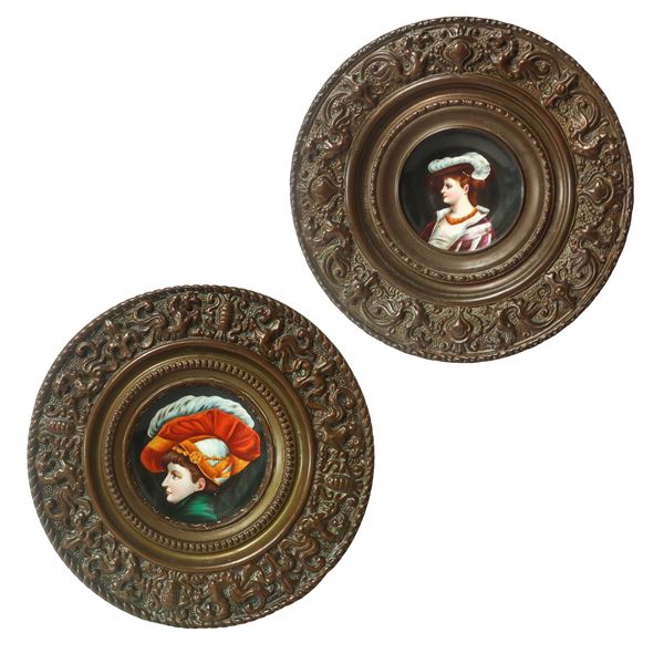 Pair of enamelled porcelain plates with embossed metal edge in Renaissance style