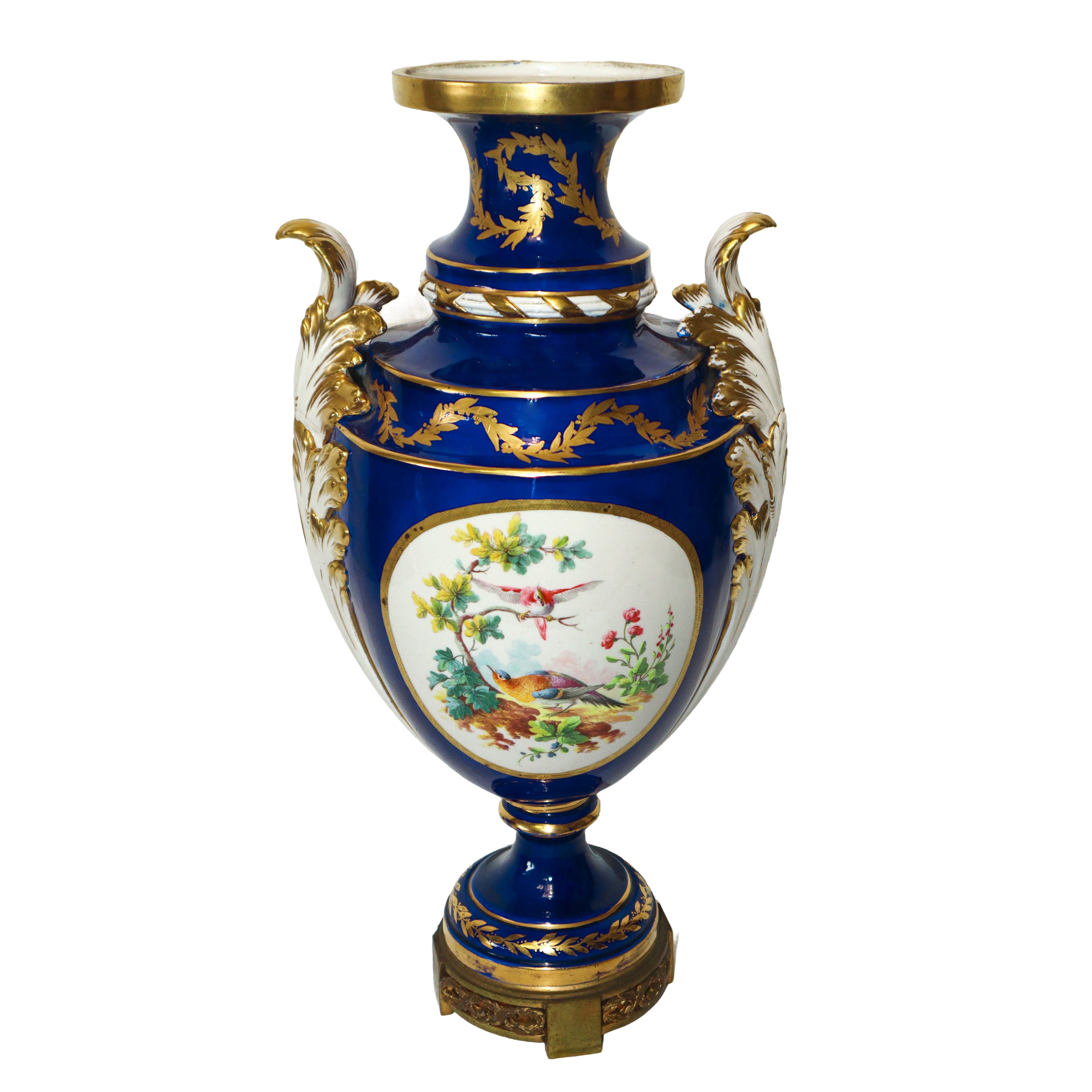 Vaso in Porcellana Dipinto a Motivi Floreali con Prese a Foglia