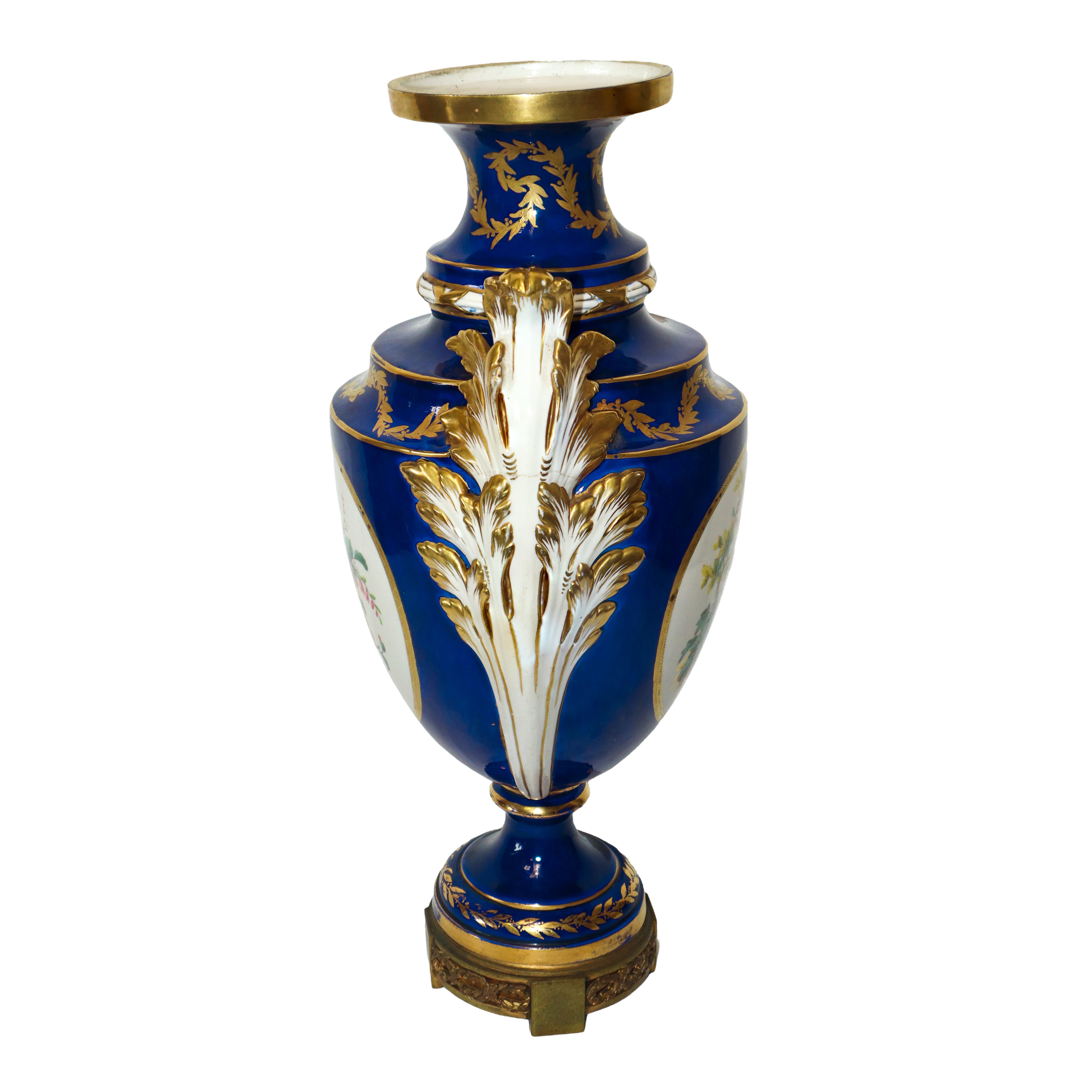 Vaso in Porcellana Dipinto a Motivi Floreali con Prese a Foglia
