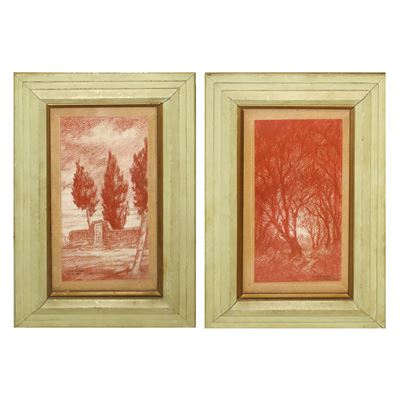 Coppia di Sanguigne Raffiguranti Paesaggi con Alberi