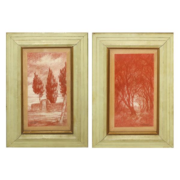 Luigi Pirrone - Coppia di sanguigne raffiguranti paesaggi con alberi