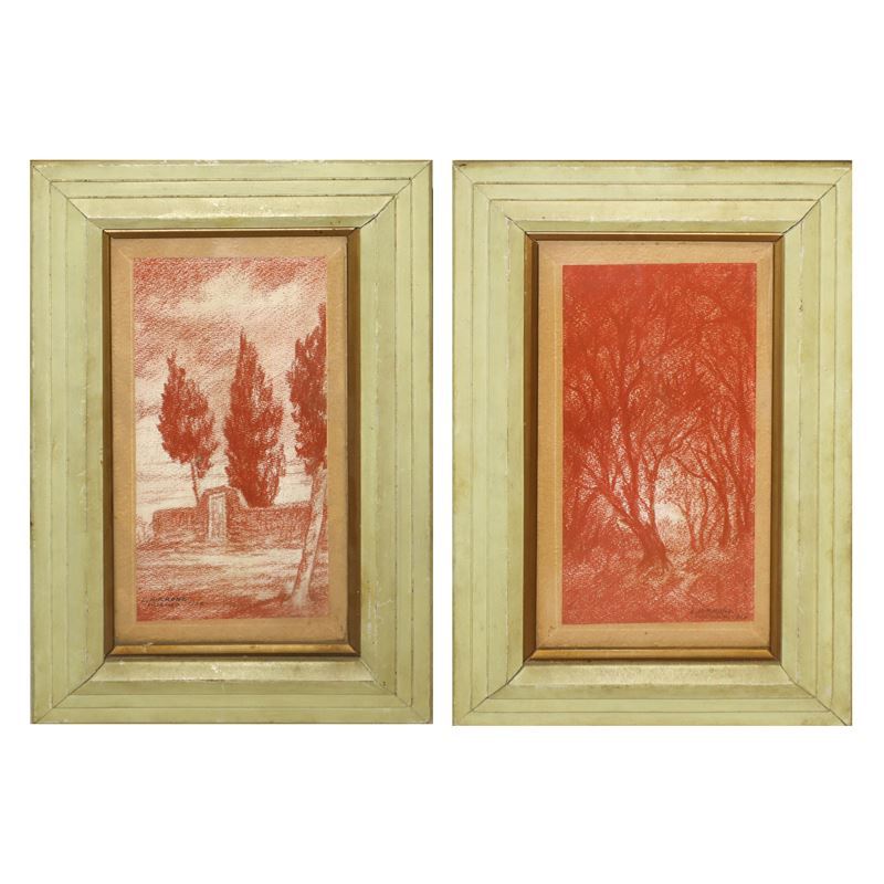 Luigi Pirrone - Coppia di Sanguigne Raffiguranti Paesaggi con Alberi