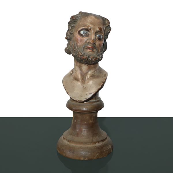 Uomo  con barba, scultura in legno policromo