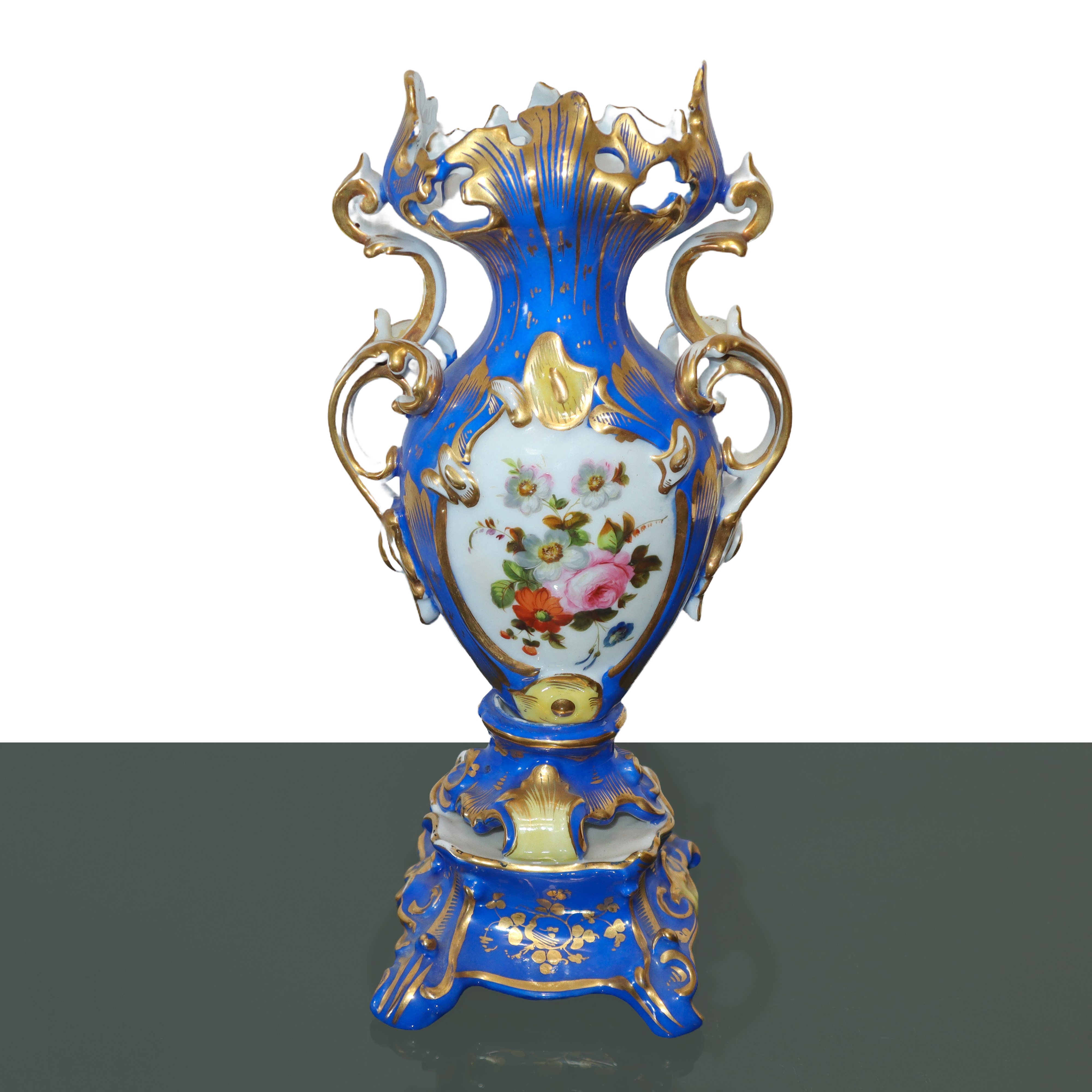 Coppia di Vasi in Porcellana Luigi Filippo Blu e Dorati con Decori Floreali
