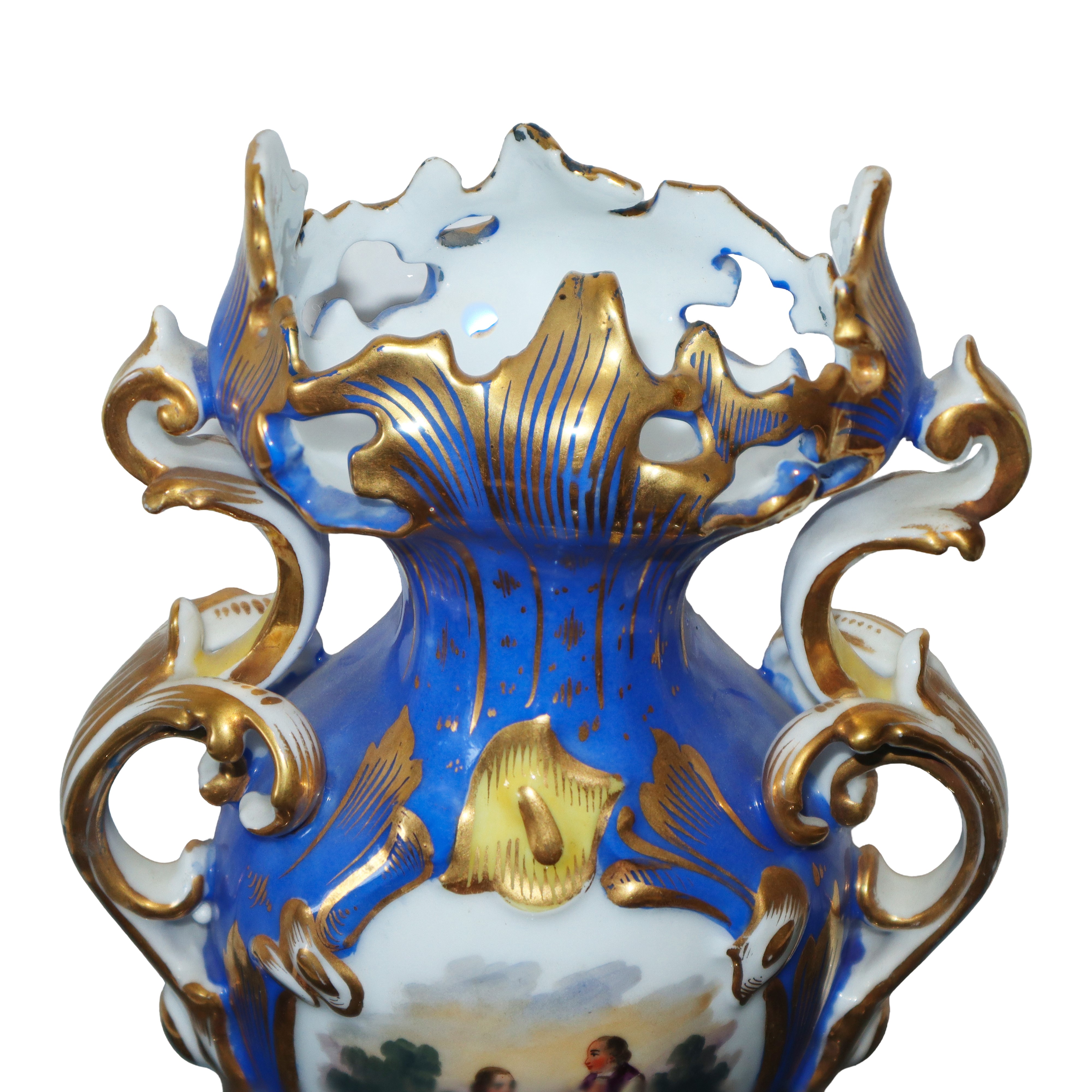 Coppia di Vasi in Porcellana Luigi Filippo Blu e Dorati con Decori Floreali