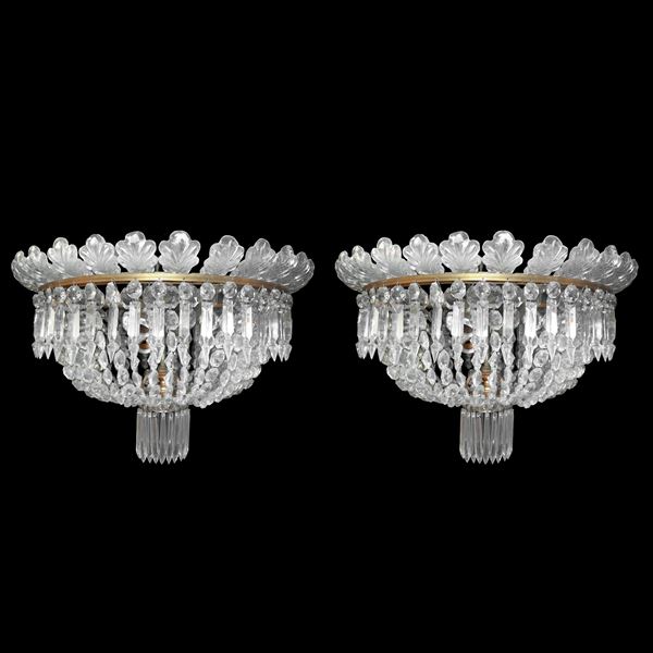 Pair of five-light ceiling chandeliers with cut and carved crystal brindols