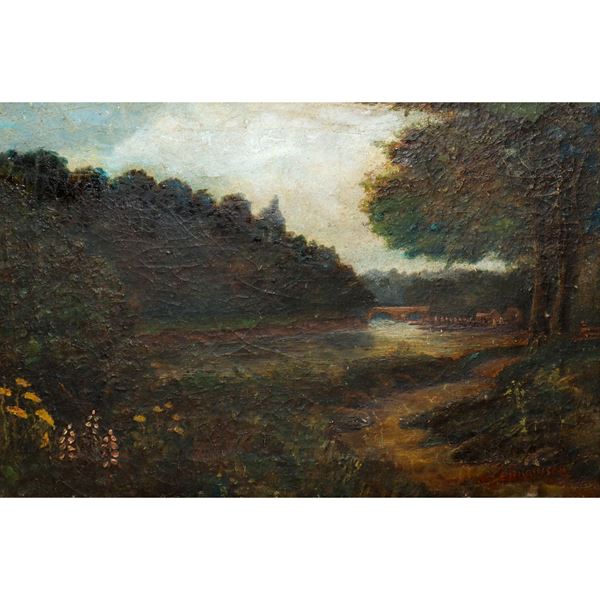 Edward Robinson - River landscape with bridge