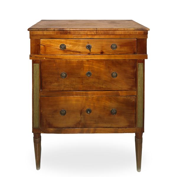 Directoire bedside table in walnut with three drawers and metal studs