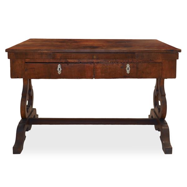 Walnut wood desk with lyre feet, under-counter drawer, two drawers