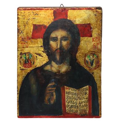 Icona Russa Raffigurante Cristo Pantocratore con Libro e Angeli ai Lati su Fondo Oro