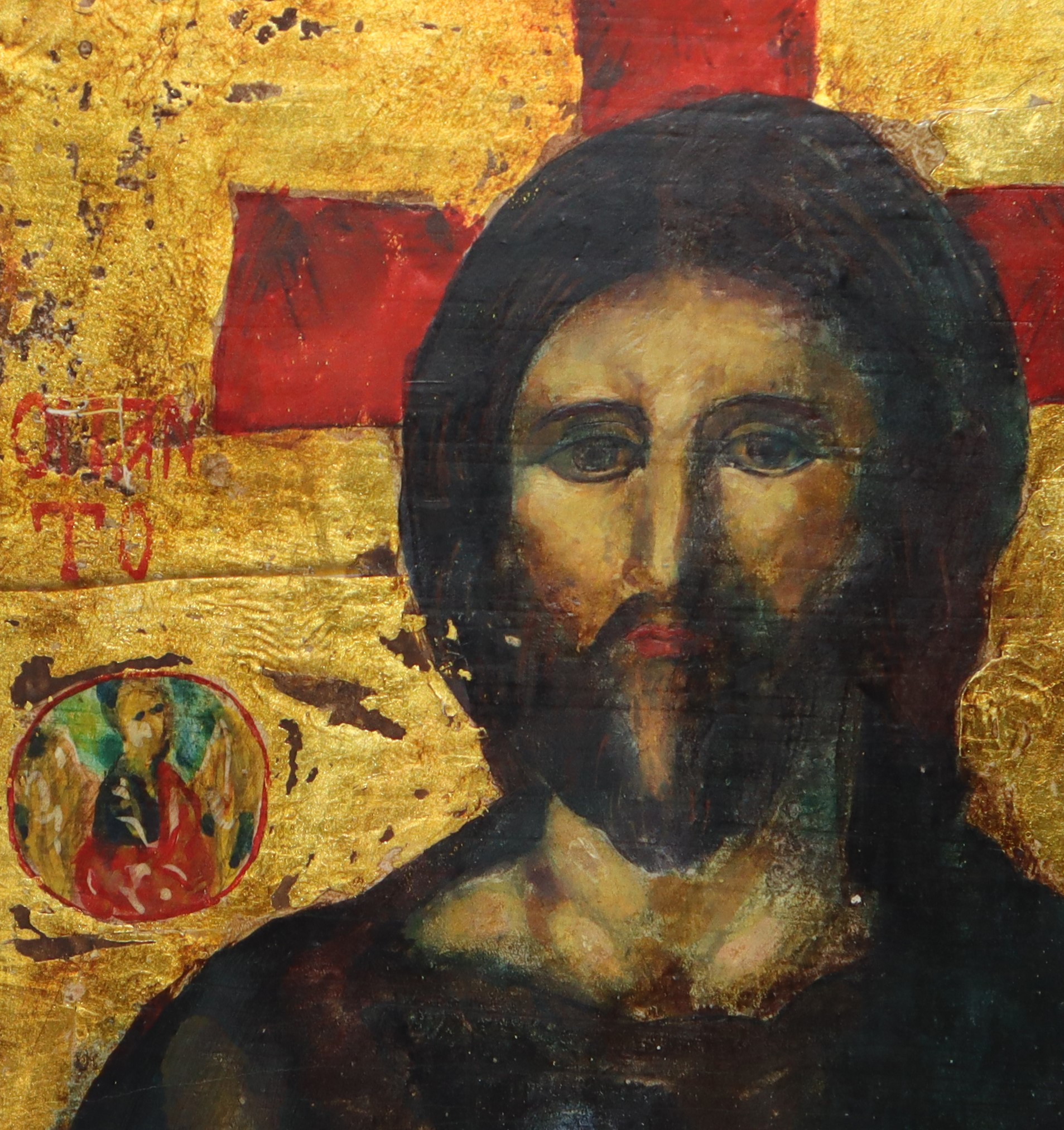 Icona Russa Raffigurante Cristo Pantocratore con Libro e Angeli ai Lati su Fondo Oro