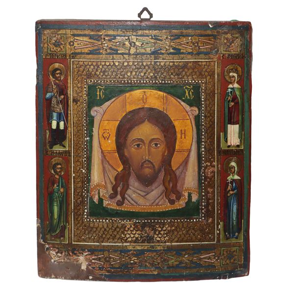 Russian icon depicting the Holy Face of Christ and four Saints on the sides