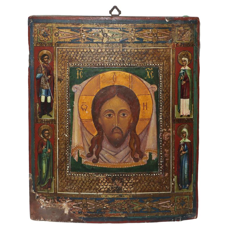 Icona Russa Raffigurante Santo Volto di Cristo e Quattro Santi ai Lati