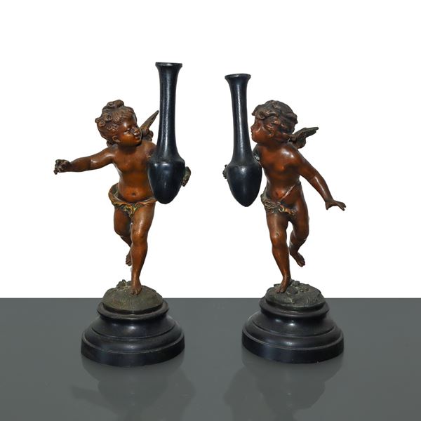 Auguste  Moreau - Pair of bronze candle holder cherubs