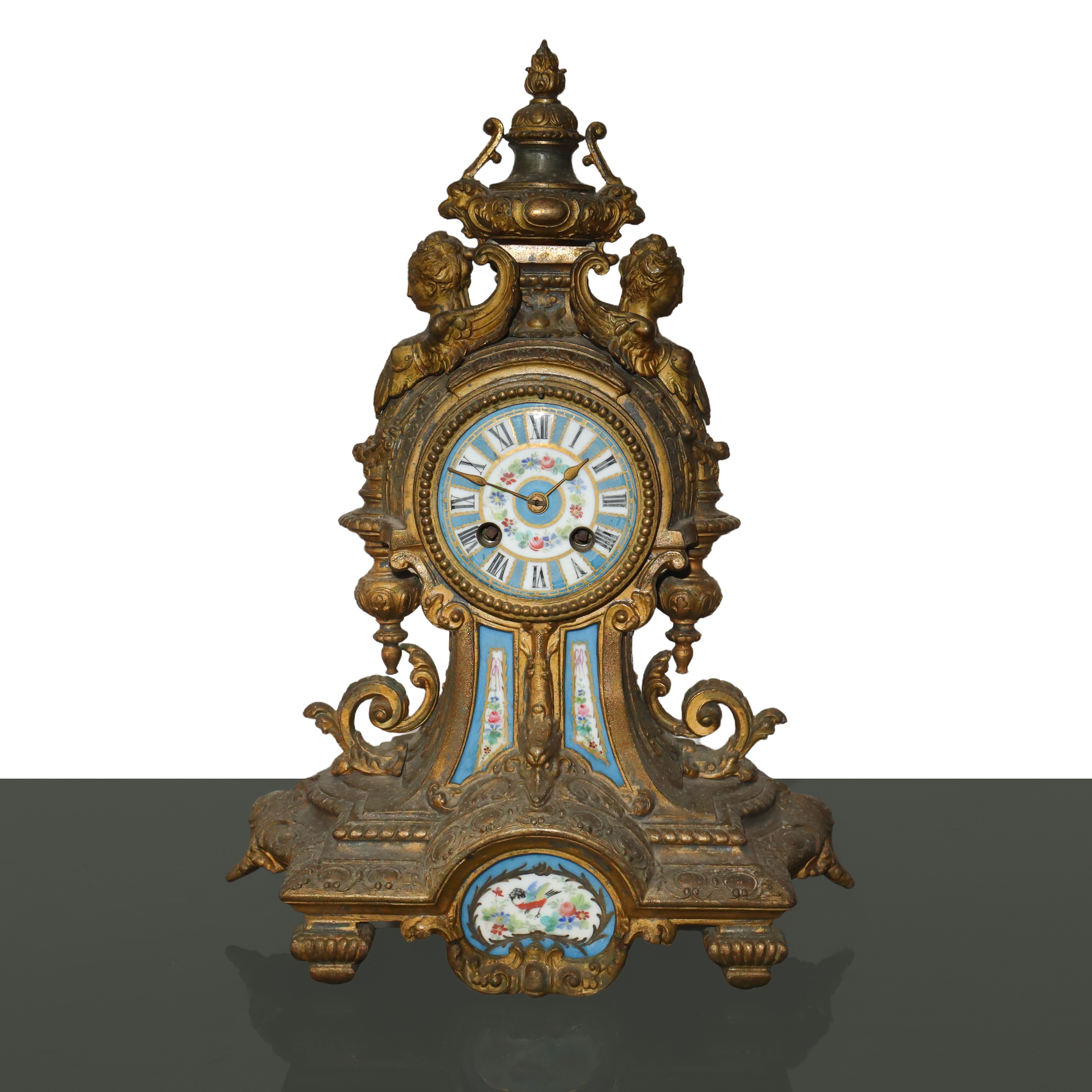 Trittico in Bronzo Dorato Composto da Orologio e Due Candelabri