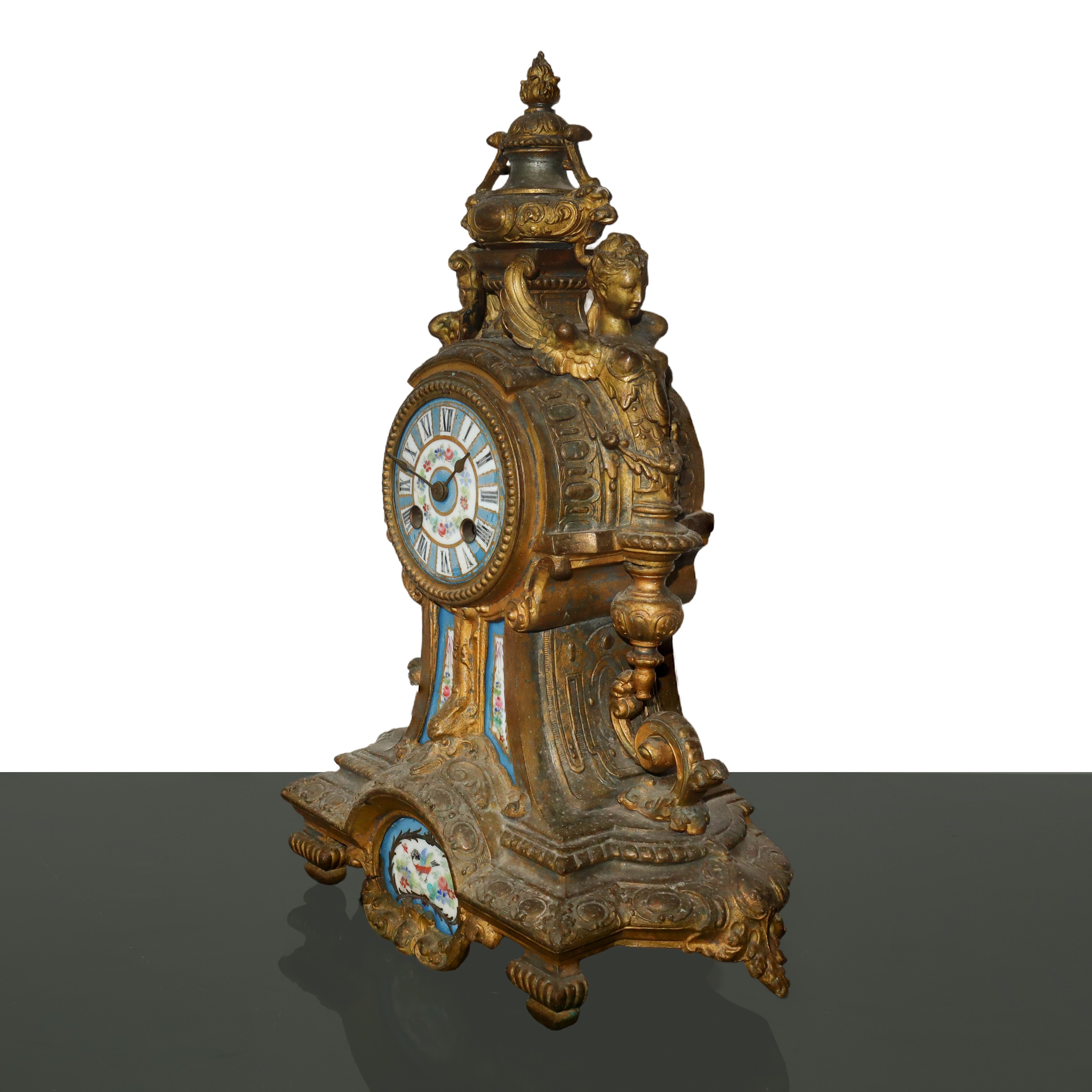 Trittico in Bronzo Dorato Composto da Orologio e Due Candelabri