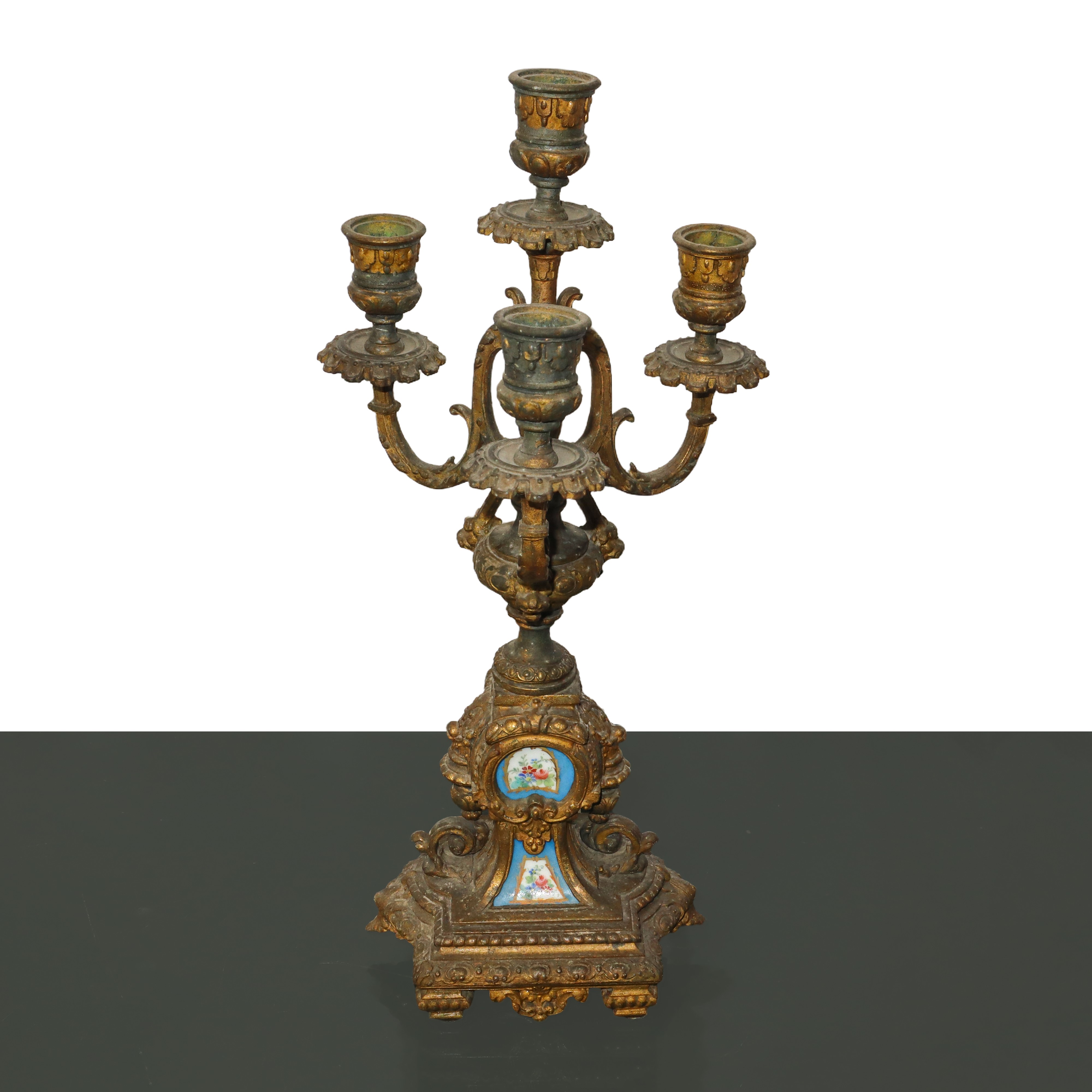 Trittico in Bronzo Dorato Composto da Orologio e Due Candelabri