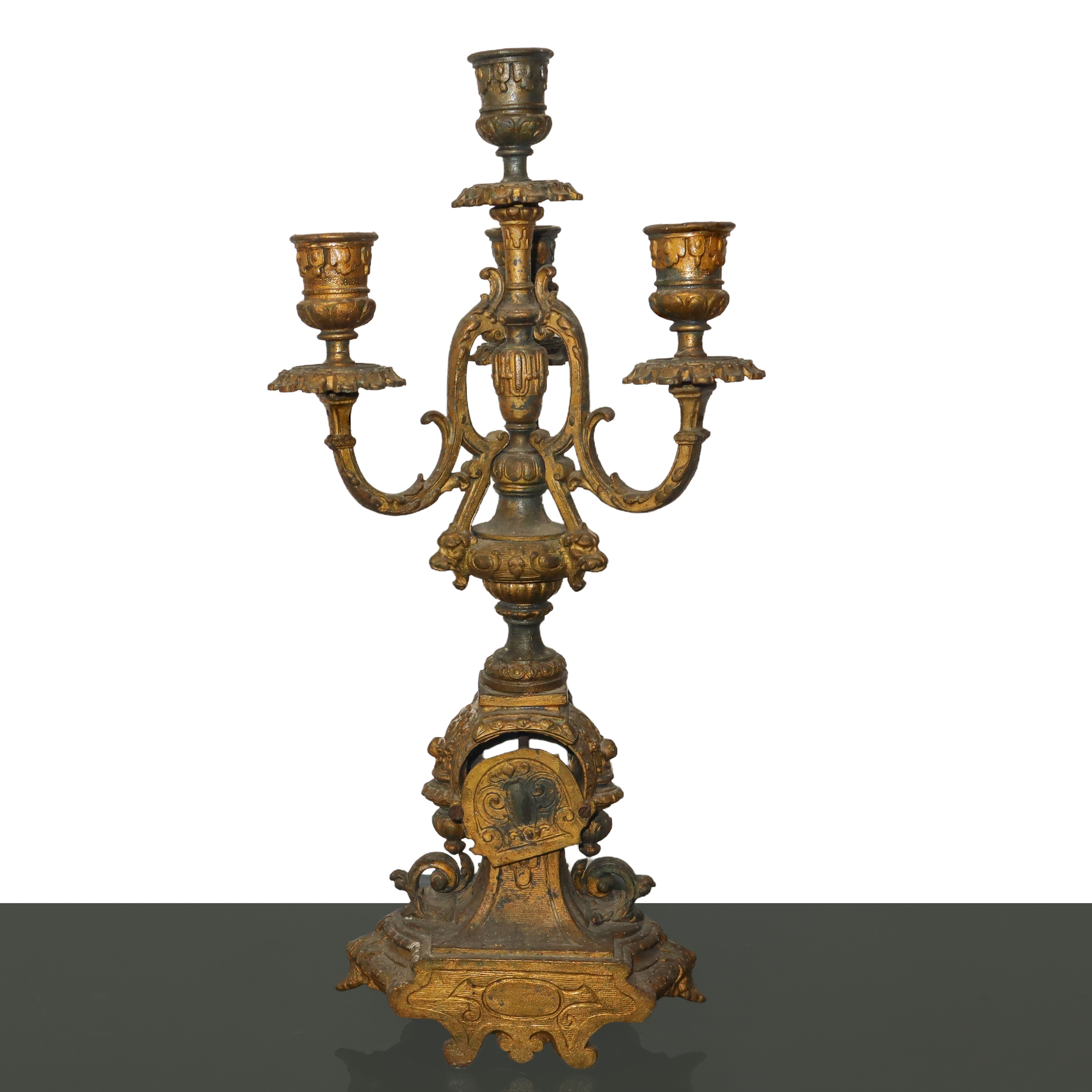 Trittico in Bronzo Dorato Composto da Orologio e Due Candelabri