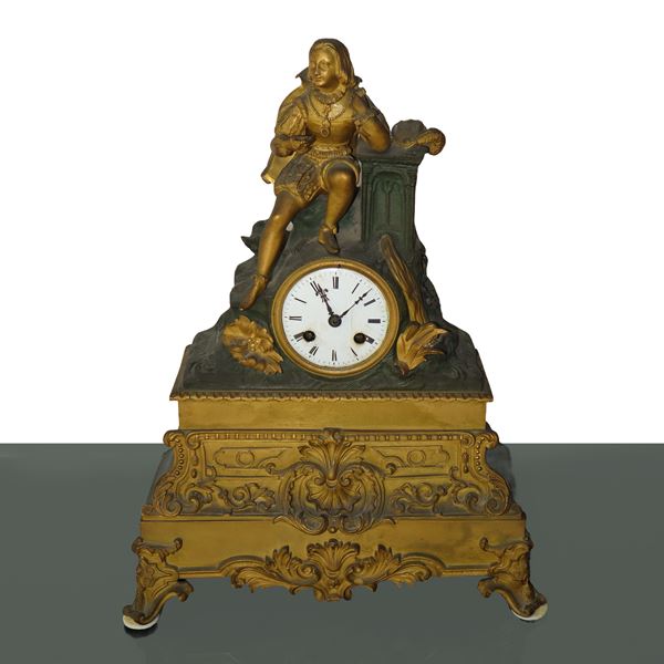 Gold metal table clock with thinker figure