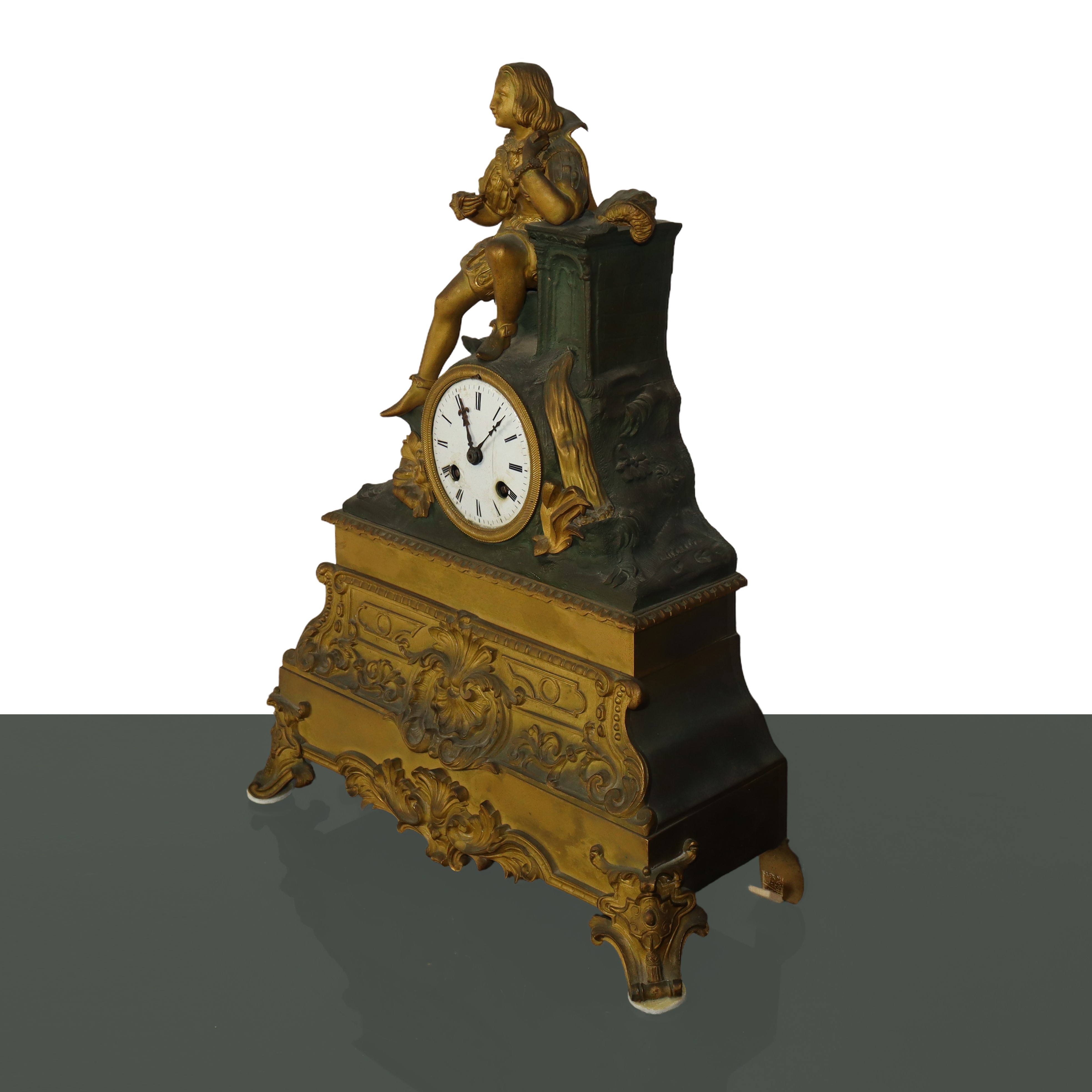 Orologio da Tavolo in Metallo Dorato con Figura di Pensatore