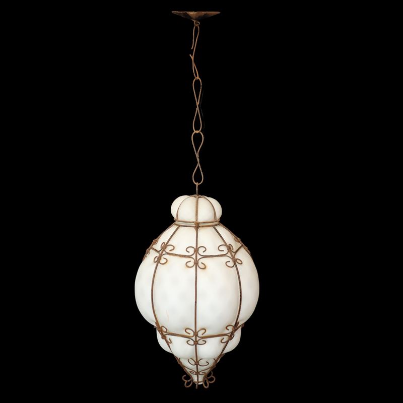 Lampadario in Vetro di Murano Bianco Lattimo con Struttura in Metallo