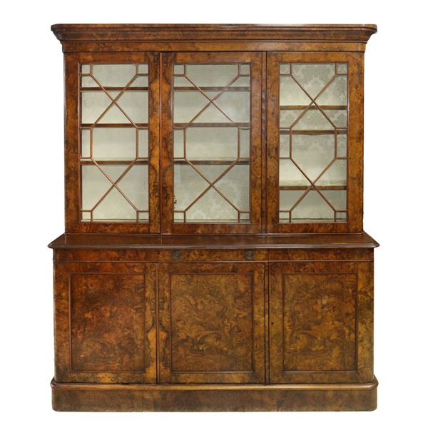 English display cabinet in walnut burl with two bodies