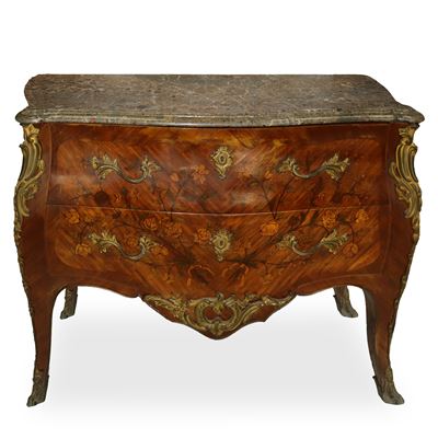 Cassettone Napoleone III in Legno di Rosa con Intarsi Floreali Policromi sul Fronte e sui Lati