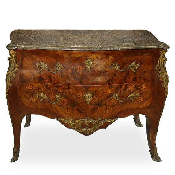 Napoleon III chest of drawers in rosewood with polychrome floral inlays on the front and sides