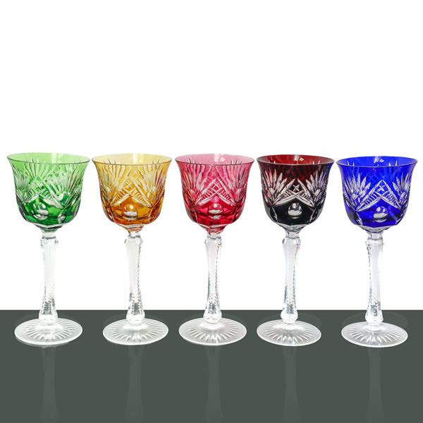 Group of five colored crystal glasses Bohemian Manufacture