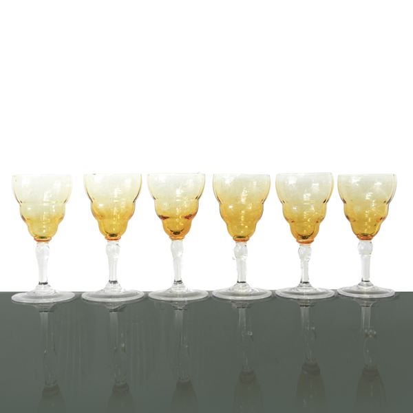 Six yellow glass liqueur glasses