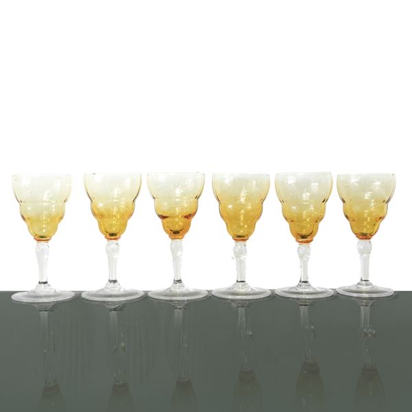 Six yellow glass liqueur glasses