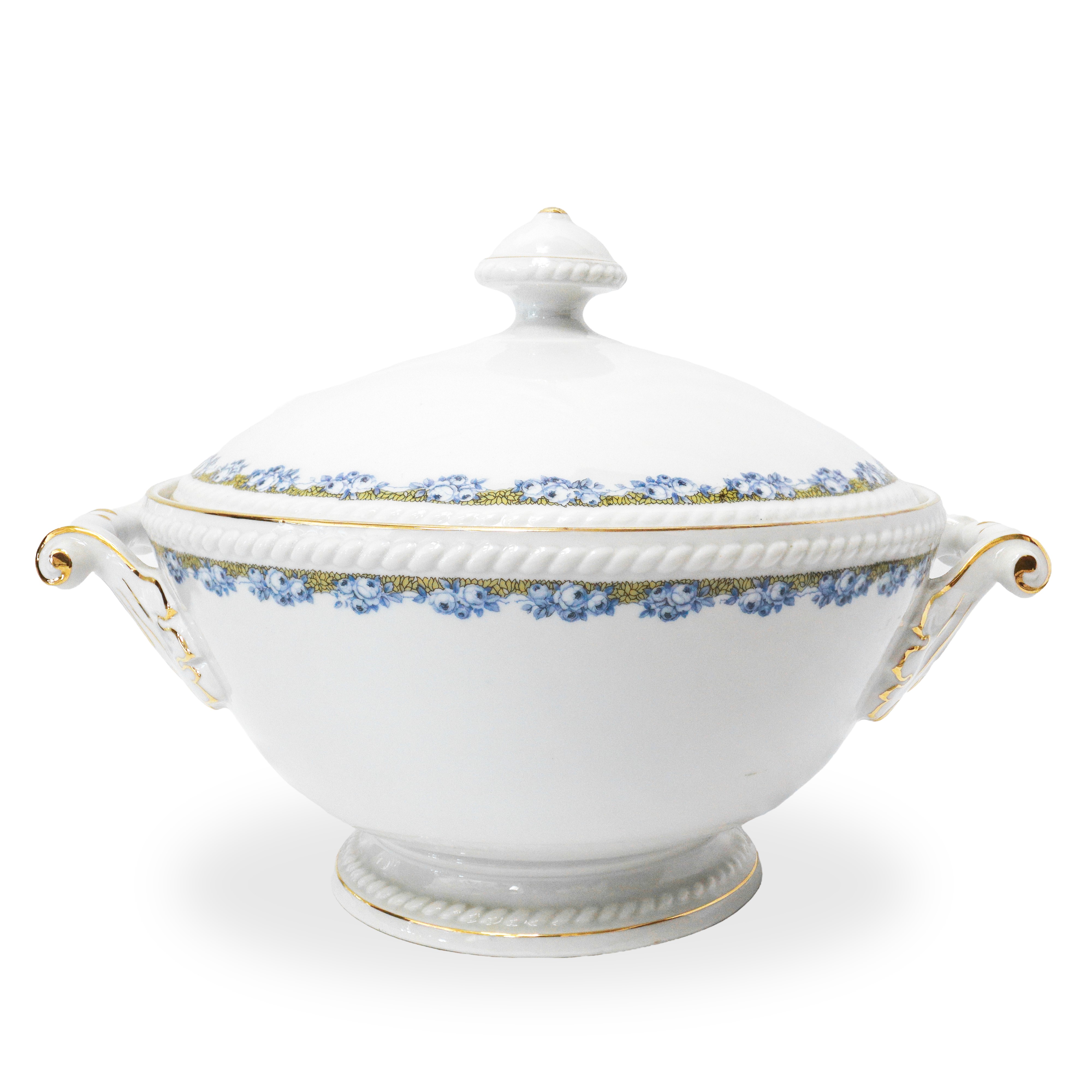 Servizio in porcellana bianca con motivi florali azzurri