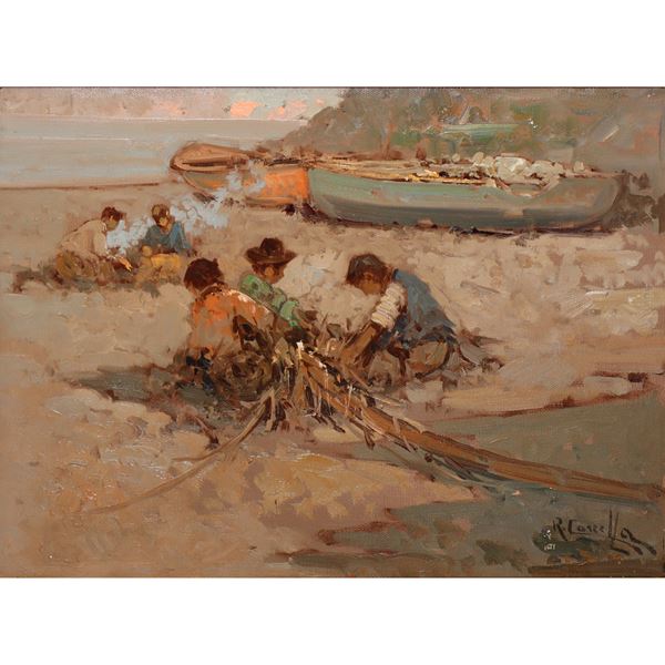 Boys on the seashore with dry boats