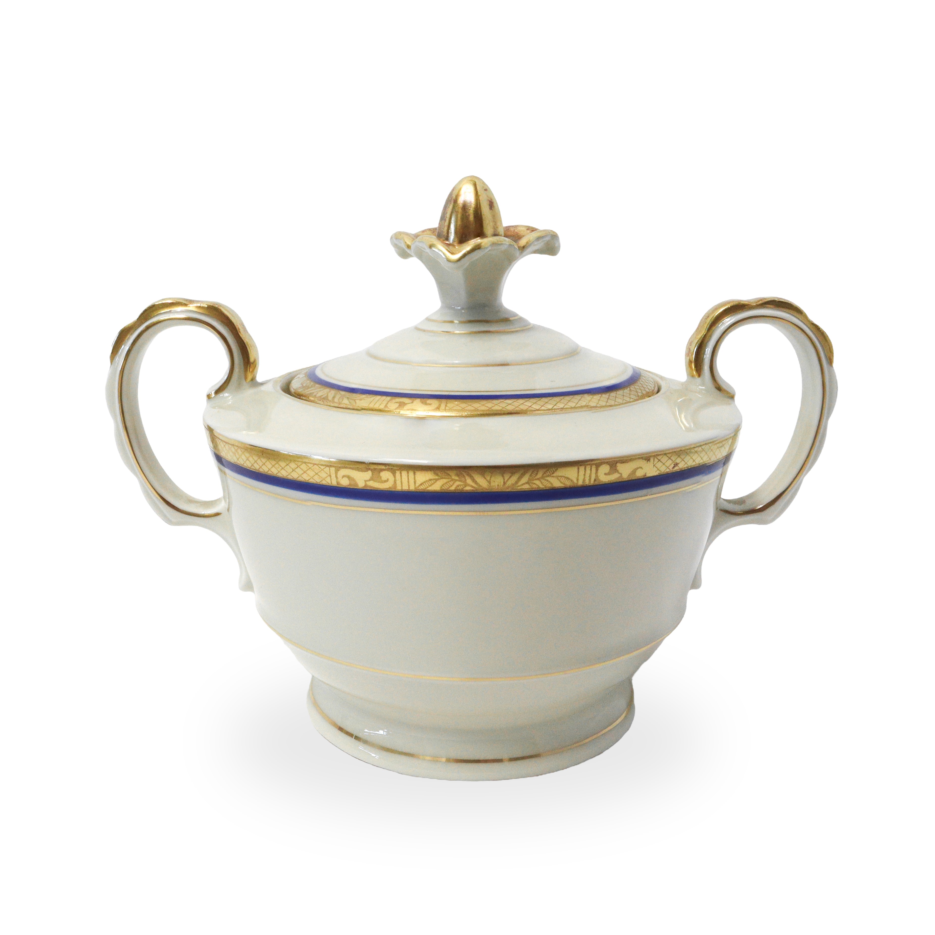 Servizio da tè in porcellana ecrù con riporti blu e dorati