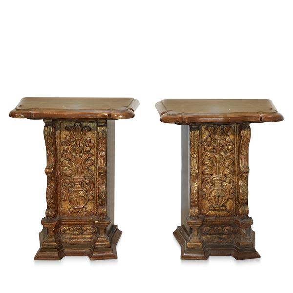 Pair of coffee tables, bedside tables made with baroque fragments of gilded wood.