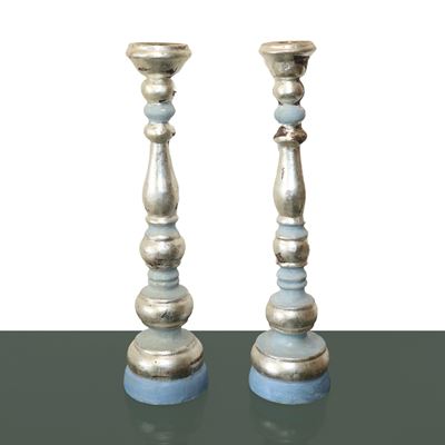 Coppia di Candelieri in Legno Laccato e Argentato