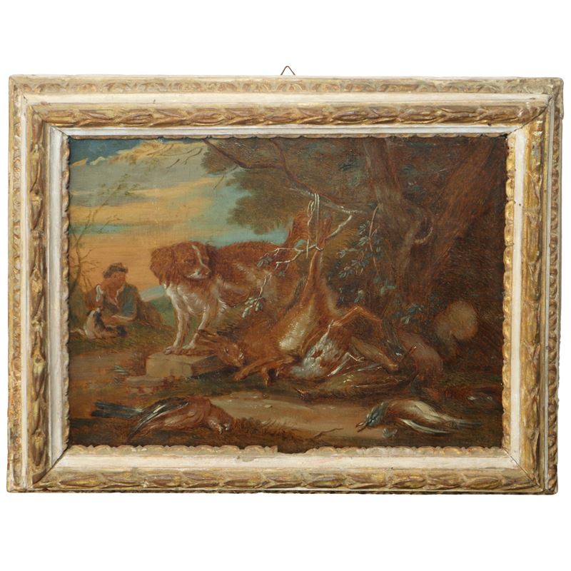 Adriaen Cornelisz Beeldemaker - Natura Morta con Cane, Selvaggina e Personaggio