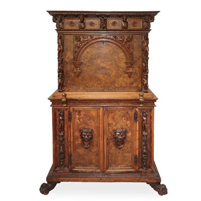 Cabinet Rinascimentale a Doppio Corpo in Legno di Radica di Noce