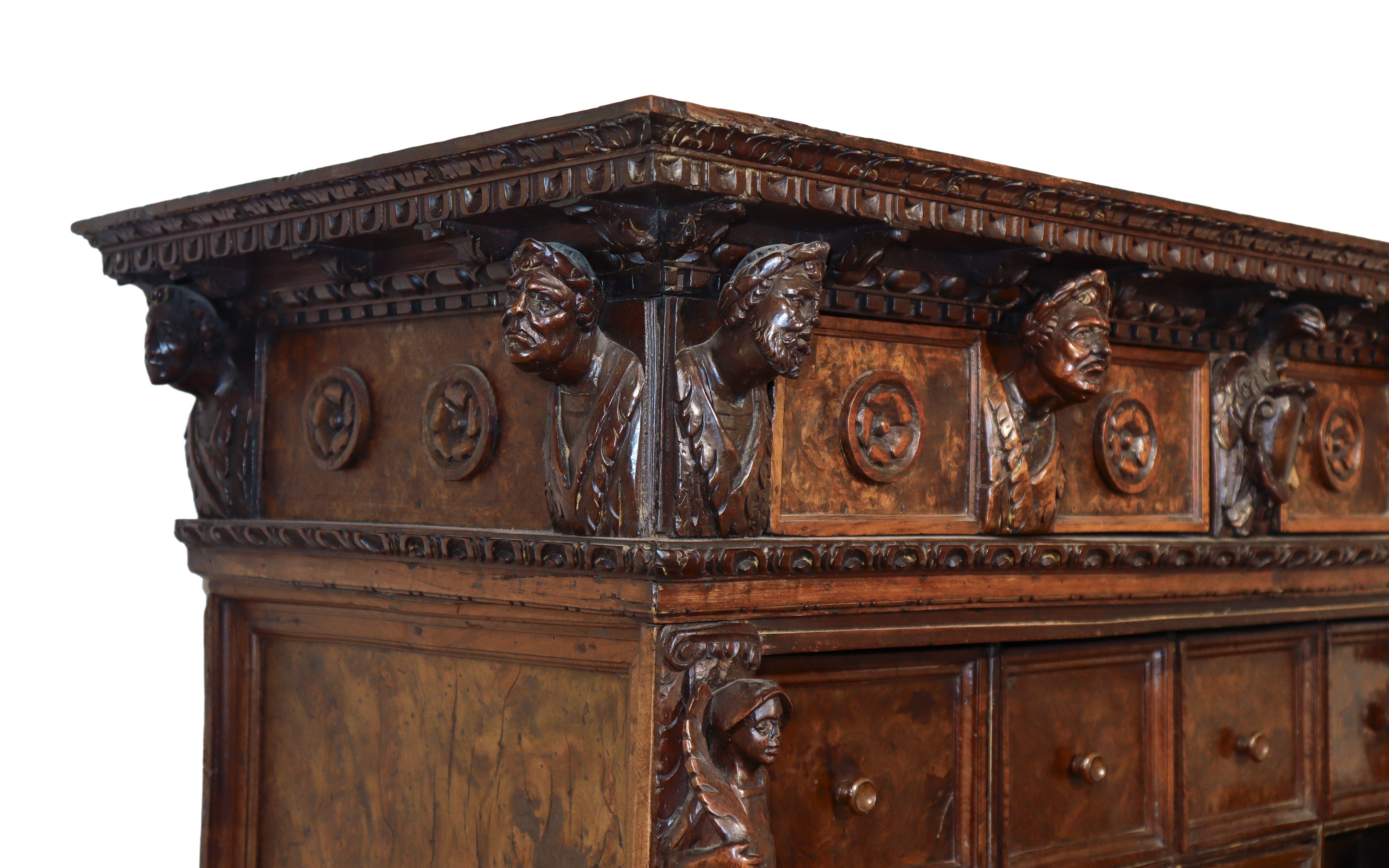 Cabinet Rinascimentale a Doppio Corpo in Legno di Radica di Noce