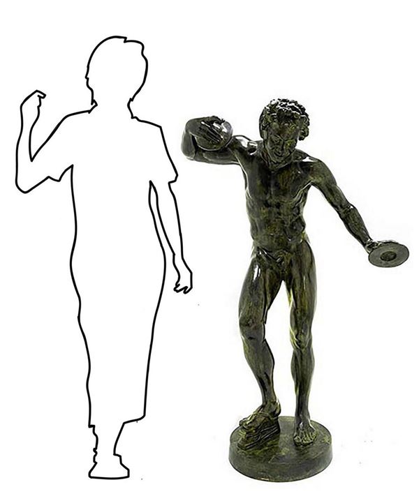 Bronze Sculpture of Dancing Faun, XIX-XX centuries, Italy, H cm 143. Copy from Praxiteles (Greece, fourth century a.c.). Original exposed at the Galleria degli Uffizi in Florence in Parian marble. H 143 cm.

