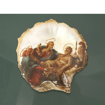 Conchiglia Dipinta in Policromia con Scena Biblica, Transito di S.giuseppe